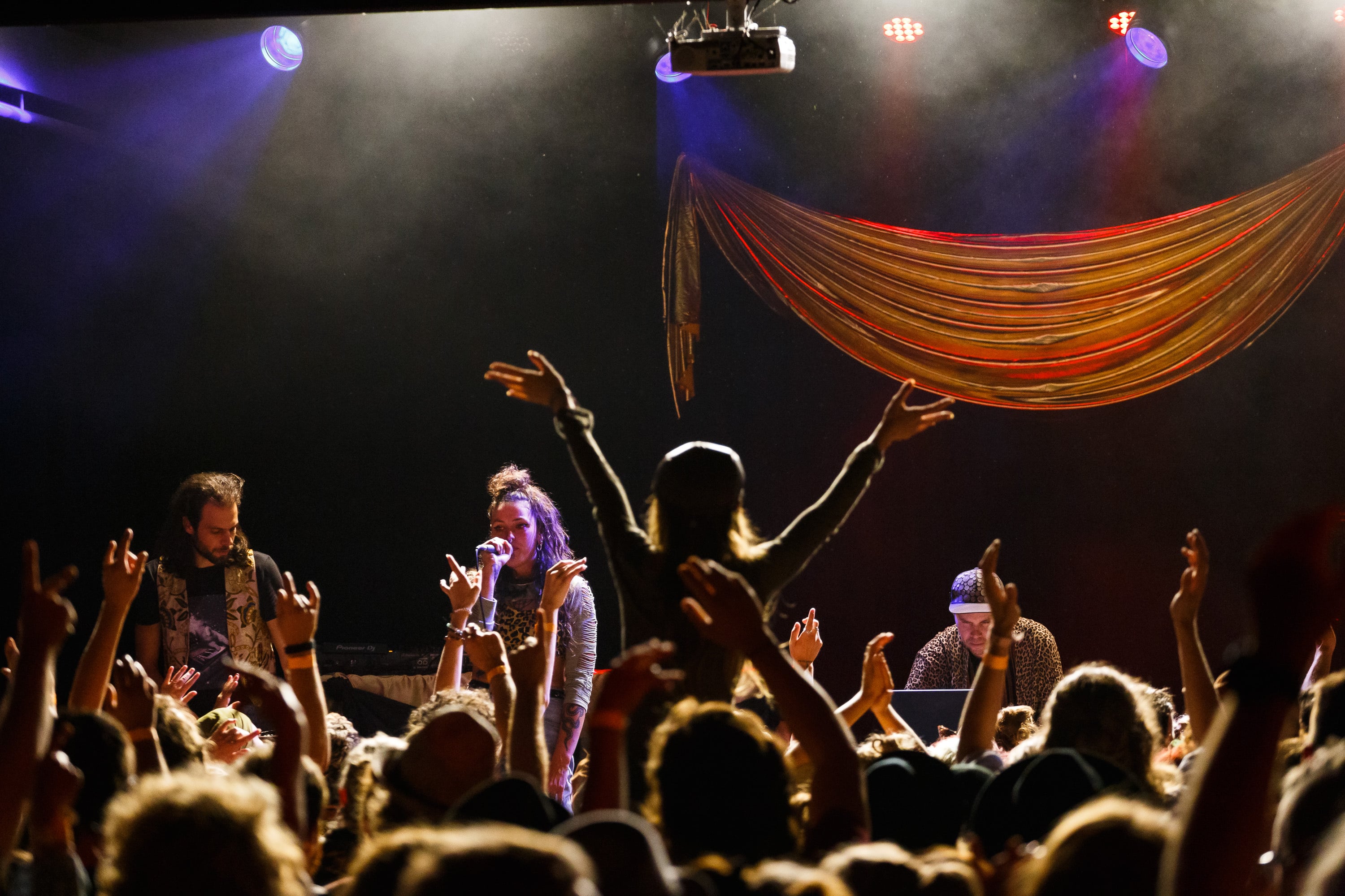 Crowd reaching toward performers at the front of the stage.