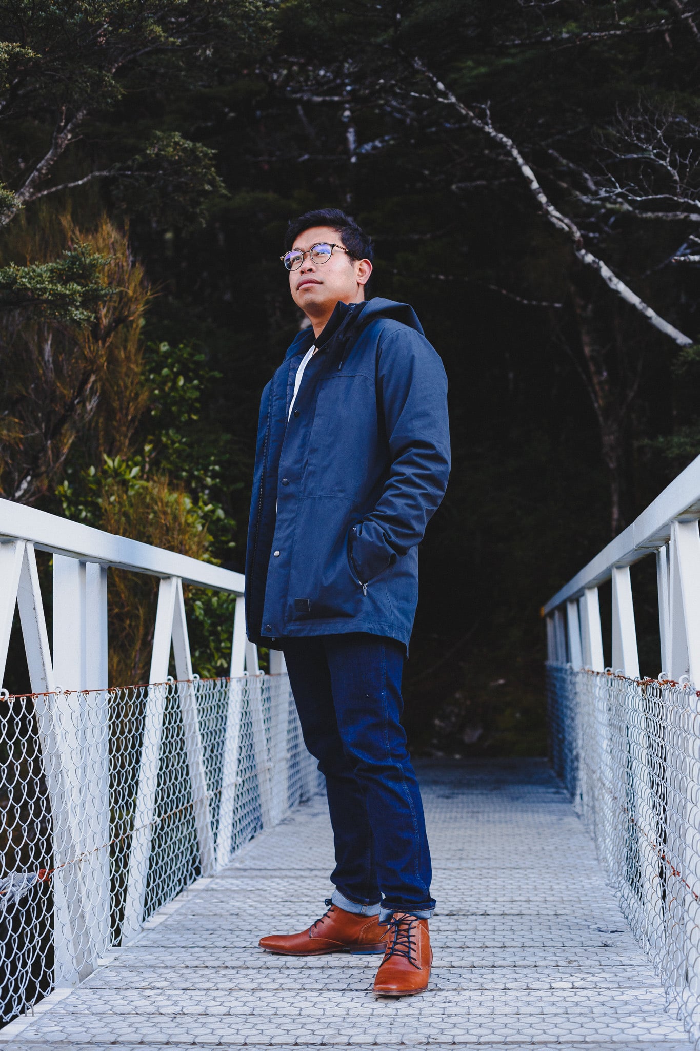 Man in a navy jacket standing on a white footbridge in beech forest.