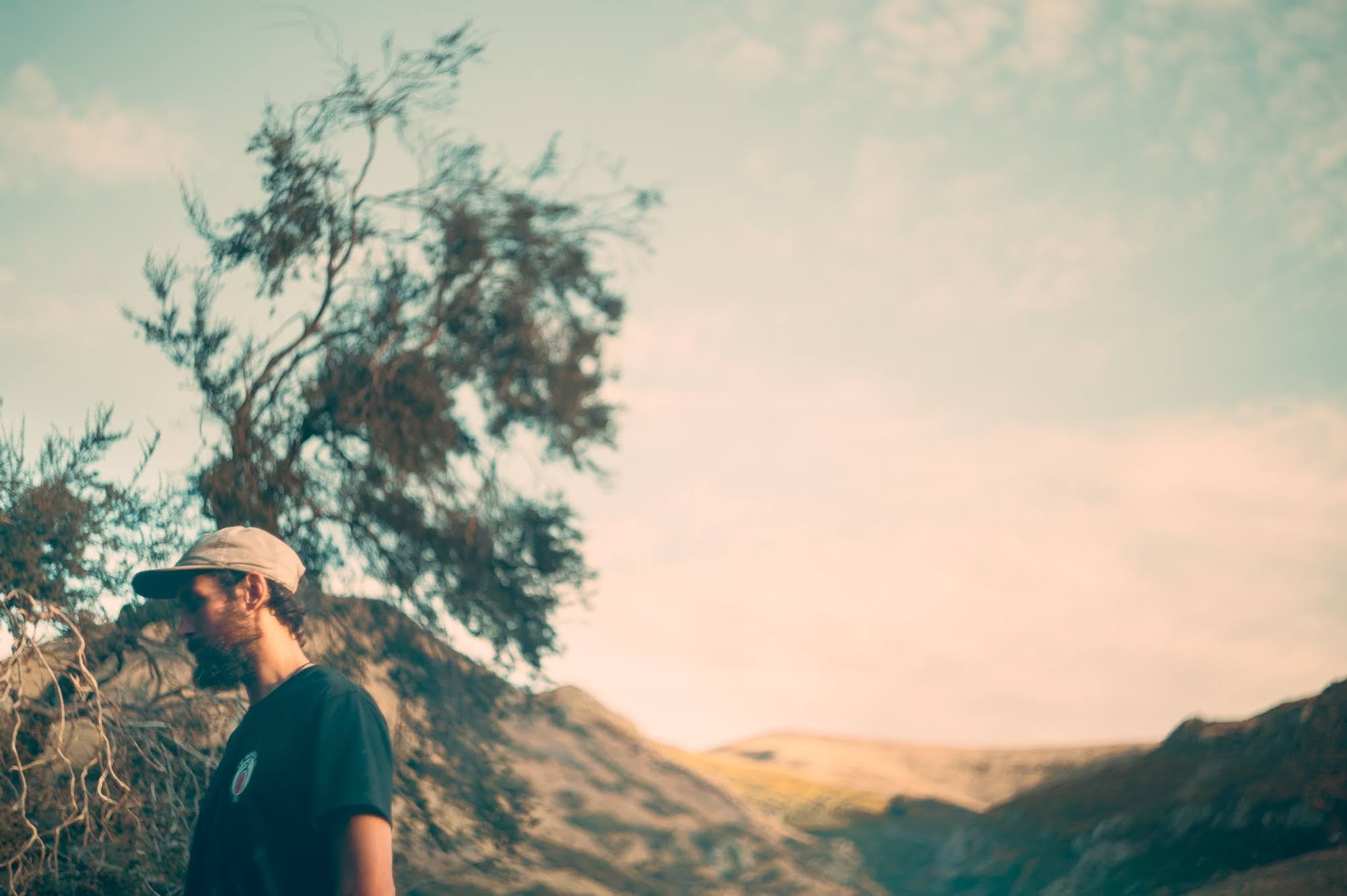 Man in a cap in profile beneath a windswept tree, hills behind.