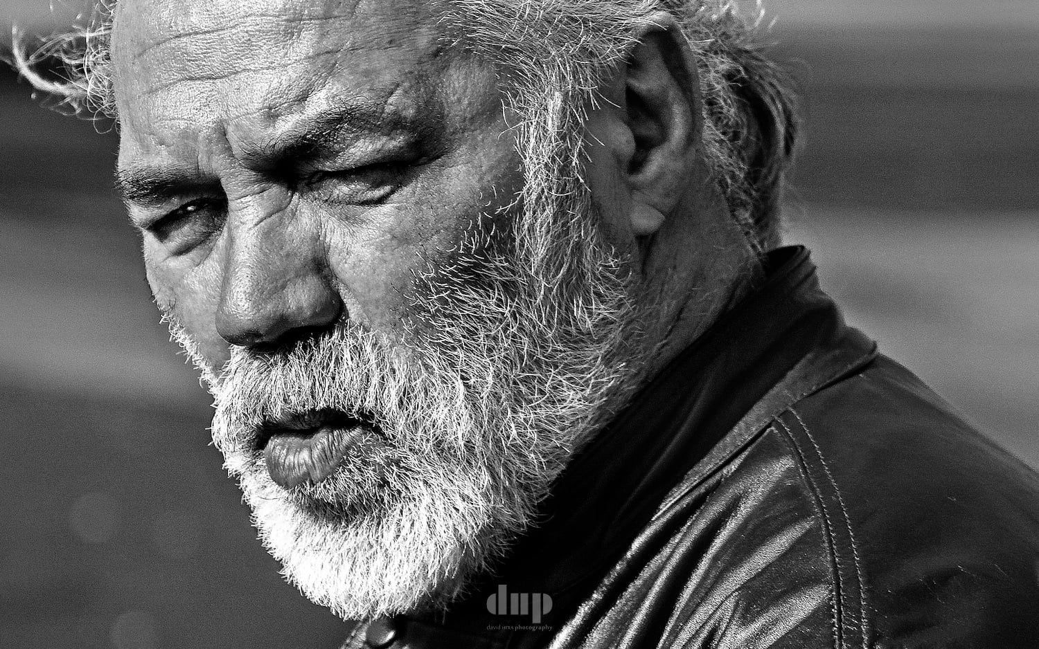 Close portrait of an older man with a white beard, black and white.
