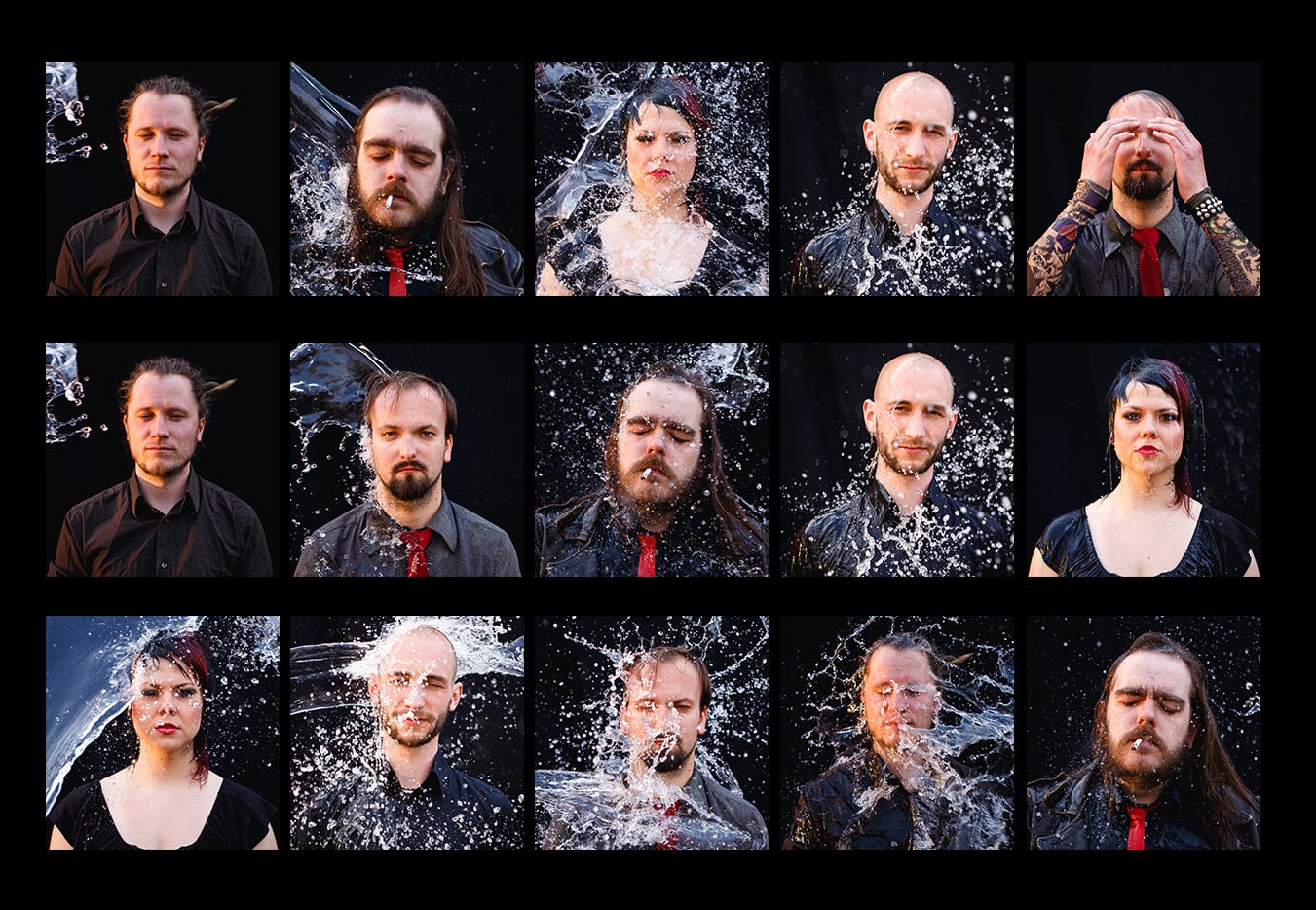Promo collage: fifteen portraits of a band, each member photographed as water is thrown at them.